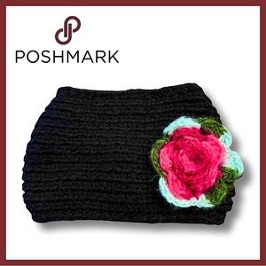 Handmade Chunky Button Closure Winter Headband Headwrap with Crochet Flower
